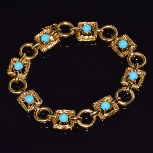 VINTAGE MID-CENTURY SOLID 18K GOLD & NATURAL PERSIAN TURQUOISE BRACELET - Picture 2 of 13